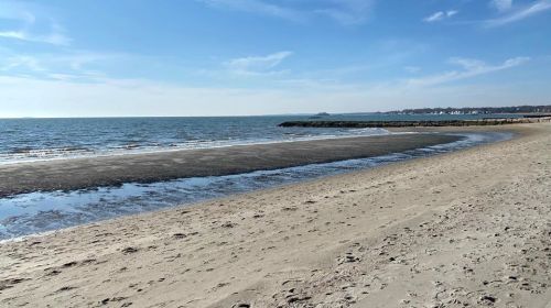 A serene beach scene with gentle waves, a sandy shore, and a clear blue sky in the background.