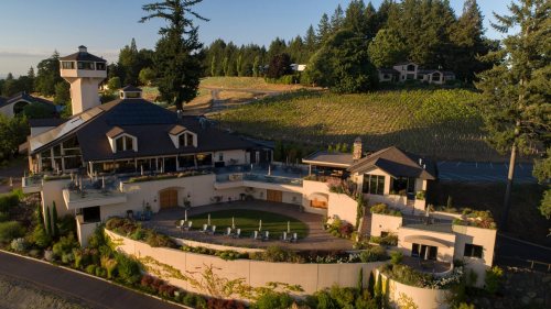 Aerial view of a modern winery with landscaped gardens, surrounded by vineyards and trees under a clear sky.
