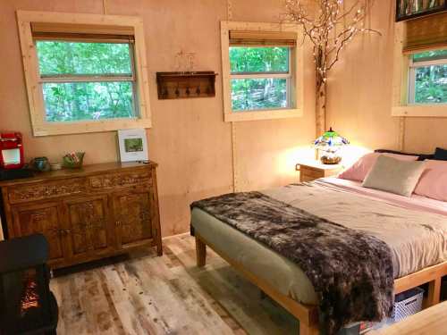 Cozy bedroom with wooden walls, a bed with a fur throw, a dresser, and windows overlooking greenery.