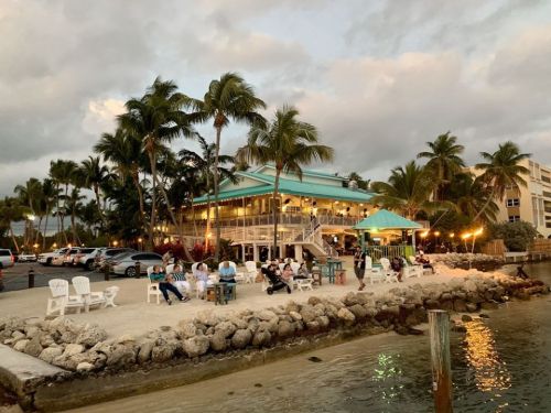 A waterfront restaurant surrounded by palm trees, with outdoor seating and people enjoying the evening.