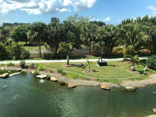 A serene landscape featuring a pond, lush greenery, palm trees, and a sculpture in a garden setting.