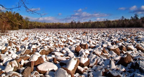 A snowy landscape covered in rocks, with a clear blue sky and trees in the background.