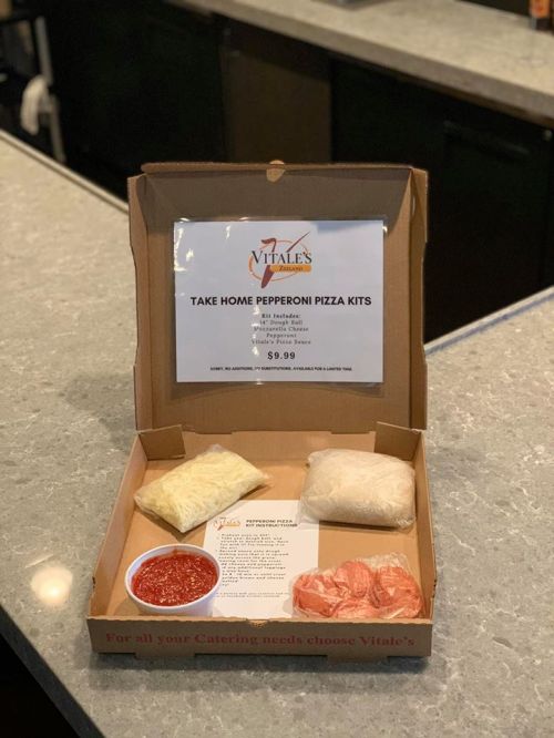 A pizza kit box with cheese, pepperoni, sauce, and instructions, labeled "Take Home Pepperoni Pizza Kits" for $9.99.