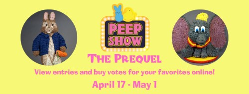 Colorful promotional graphic for "Peep Show: The Prequel," featuring a bunny and an elephant, with event dates April 17 - May 1.