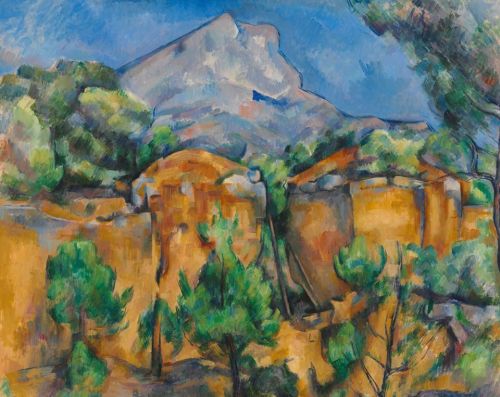 A colorful landscape featuring a mountain, trees, and a rustic structure under a bright blue sky.