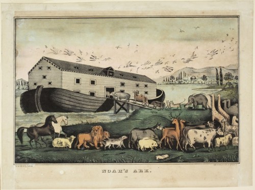 Illustration of Noah's Ark with various animals, including horses, lions, and elephants, near a large wooden ship.