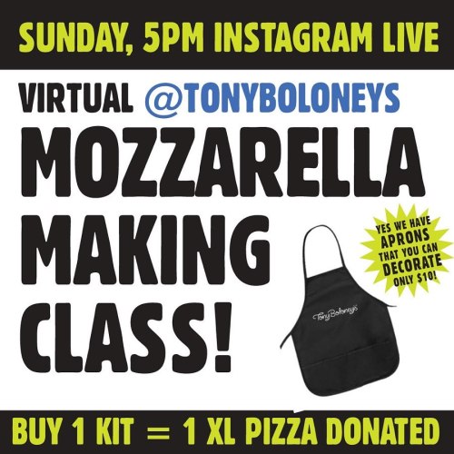 Promotional graphic for a virtual mozzarella making class on Instagram Live, featuring an apron and donation details.