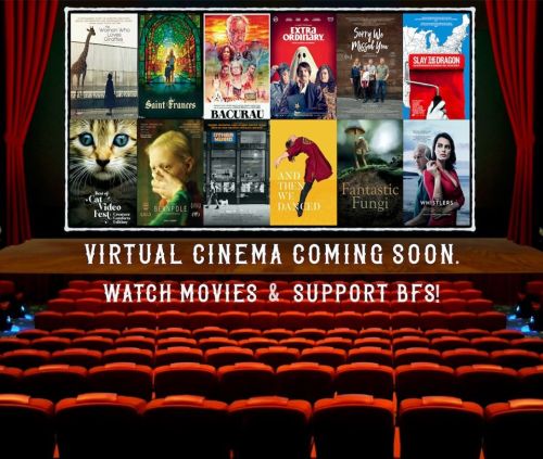 A theater with red seats and a screen displaying various movie posters, promoting a virtual cinema event.