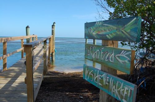 A wooden dock leads to calm waters, with a sign pointing to "Carbon Food" and "Inside the Market."