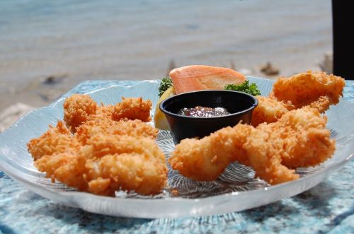 A plate of golden fried shrimp with a side of dipping sauce and a slice of bread, set against a scenic waterfront.