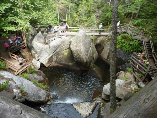 A scenic view of a rocky area with a pool of water, surrounded by wooden walkways and lush greenery.