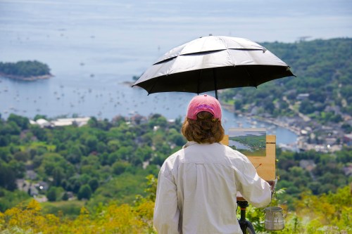 A person paints a landscape under an umbrella, overlooking a scenic bay filled with boats and lush greenery.