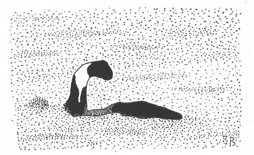 A minimalist black and white illustration of a fluid, abstract shape surrounded by a dotted background.