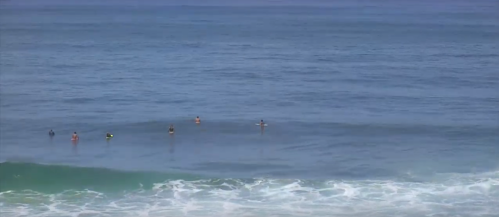 Four surfers stand on their boards in calm blue waters, with gentle waves rolling in under a clear sky.