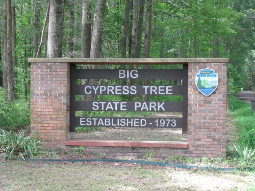 Sign for Big Cypress Tree State Park, established in 1973, surrounded by trees and greenery.