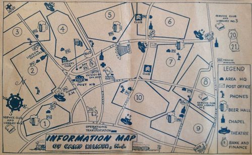 Map of Camp Kilmer, NJ, showing key locations like the post office, club, library, and transportation routes.