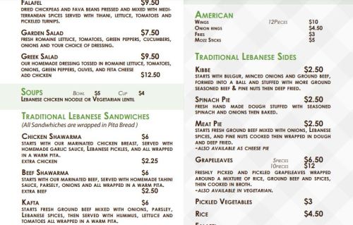 Menu featuring Lebanese dishes, including falafel, salads, soups, sandwiches, and traditional sides with prices listed.
