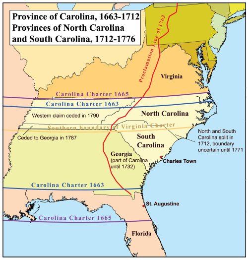 Map showing the Province of Carolina (1663-1712) and the boundaries of North and South Carolina (1712-1776).