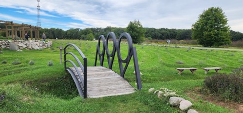 A curved black bridge over a grassy area with stone borders and benches, surrounded by trees and a clear sky.