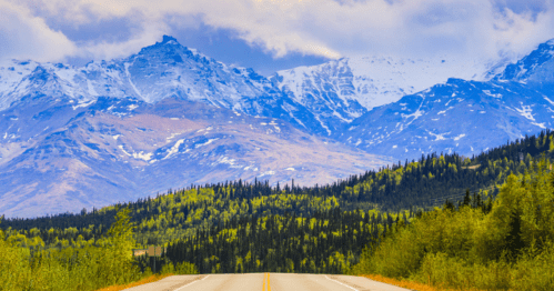A scenic view of a road leading towards snow-capped mountains, surrounded by lush green forests under a blue sky.