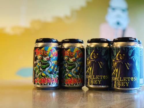 Four colorful beer cans with unique designs, labeled "Common" and "Skeleton Key," against a vibrant background.