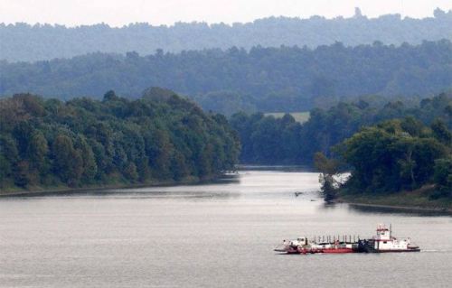 A calm river surrounded by lush green trees, with a small boat navigating the water under a hazy sky.