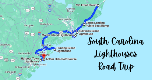 Map showing a road trip route to South Carolina lighthouses, including key locations and landmarks.