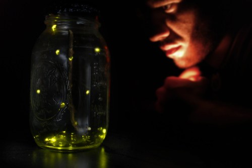 A jar filled with glowing lights sits in the foreground, while a person gazes at it in dim lighting.
