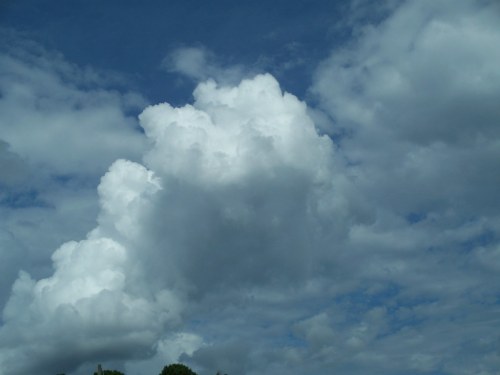 Fluffy white clouds scattered across a bright blue sky with hints of gray.