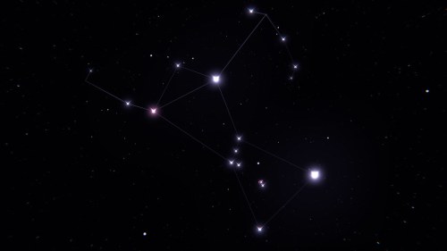 A starry night sky featuring various constellations connected by lines, with bright stars scattered throughout.
