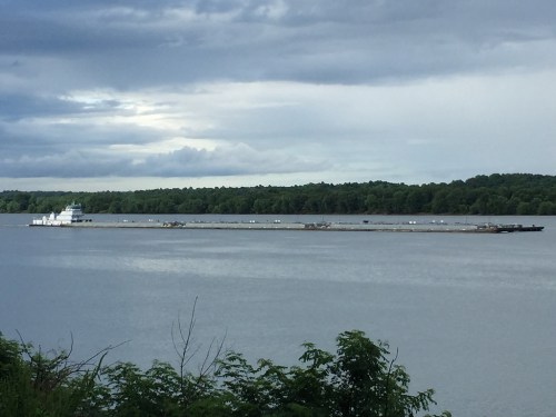 A boat near a long dock on a calm river, surrounded by green trees under a cloudy sky.