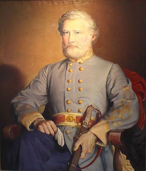 Portrait of a bearded man in a gray military uniform, seated with a sword, against a warm, neutral background.