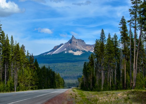 A scenic view of a mountain peak surrounded by lush green trees, with a clear blue sky above and a road in the foreground.