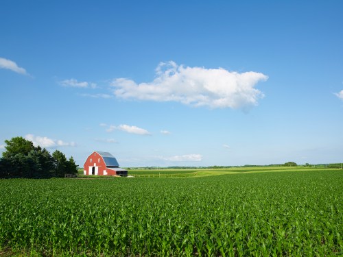 A red barn stands in a lush green field under a clear blue sky with a few clouds.
