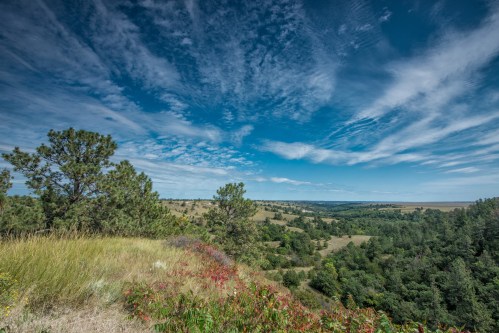 A scenic landscape featuring rolling hills, green trees, and a bright blue sky with scattered clouds.