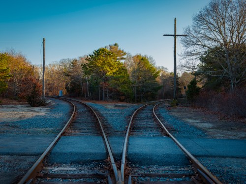 Two railway tracks diverge in a wooded area, with clear skies and trees lining the sides.