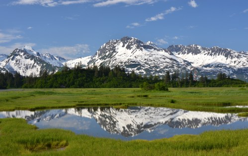 A serene landscape featuring snow-capped mountains reflected in a calm lake, surrounded by lush greenery and blue skies.
