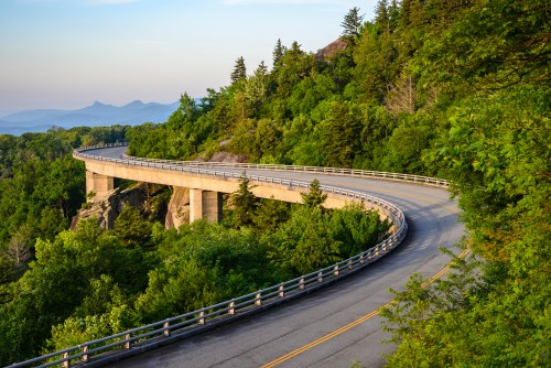A winding concrete bridge surrounded by lush green trees and mountains in the background under a clear sky.