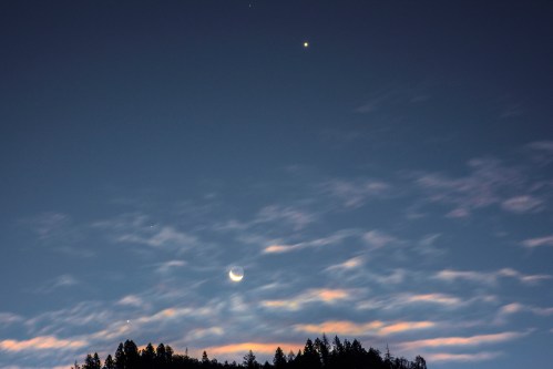 A crescent moon and bright planet shine in a twilight sky, with wispy clouds and a silhouette of trees below.