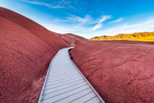 A wooden walkway winds through vibrant red hills under a clear blue sky.