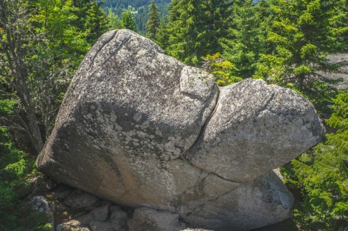 A large, moss-covered boulder tilted among lush green trees and a mountainous landscape in the background.