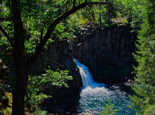 A serene waterfall cascades into a clear pool, surrounded by lush green trees and rocky cliffs.