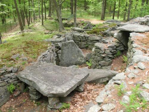 Ancient stone structures surrounded by trees and greenery, with moss-covered rocks and a natural forest setting.