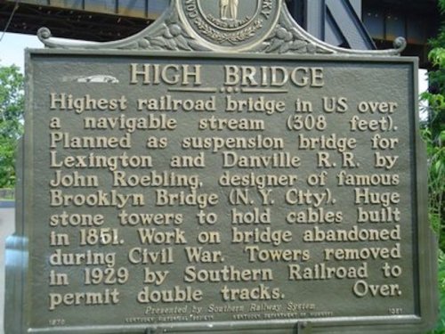 Historical marker for High Bridge, detailing its height, design, and history related to the Lexington and Danville Railroad.