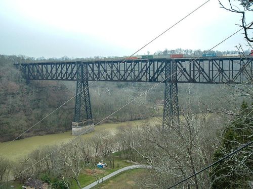 A tall, metal train bridge spans a river, surrounded by bare trees and a cloudy sky.