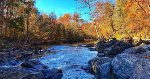 A serene river flows through a vibrant autumn landscape with colorful trees and rocky banks under a clear blue sky.