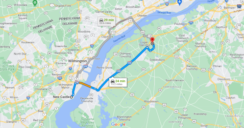 Map showing a route from New Castle to Logan, Delaware, with estimated travel times of 29 and 24 minutes.