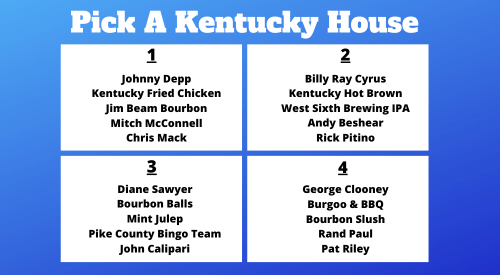 Grid of names and items titled "Pick A Kentucky House," featuring celebrities and local products in four sections.