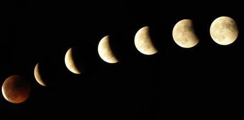 A sequence of the moon's phases, from a red lunar eclipse to a full moon, against a black background.