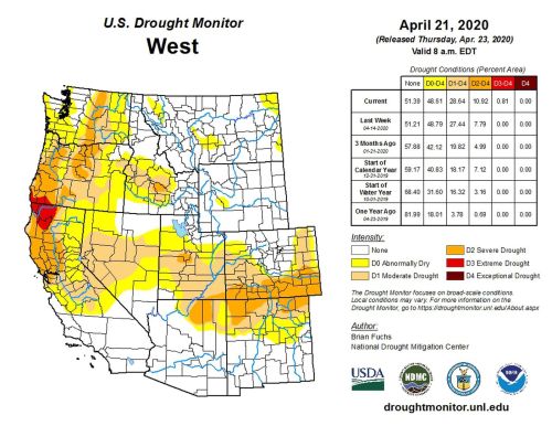 Map showing drought conditions in the western U.S. as of April 21, 2020, with varying shades indicating severity.